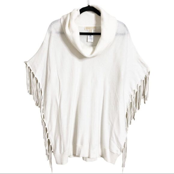 MICHAEL Michael Kors Cream Fringed Cowl Neck Poncho Sweater Size Medium - Picture 3 of 12